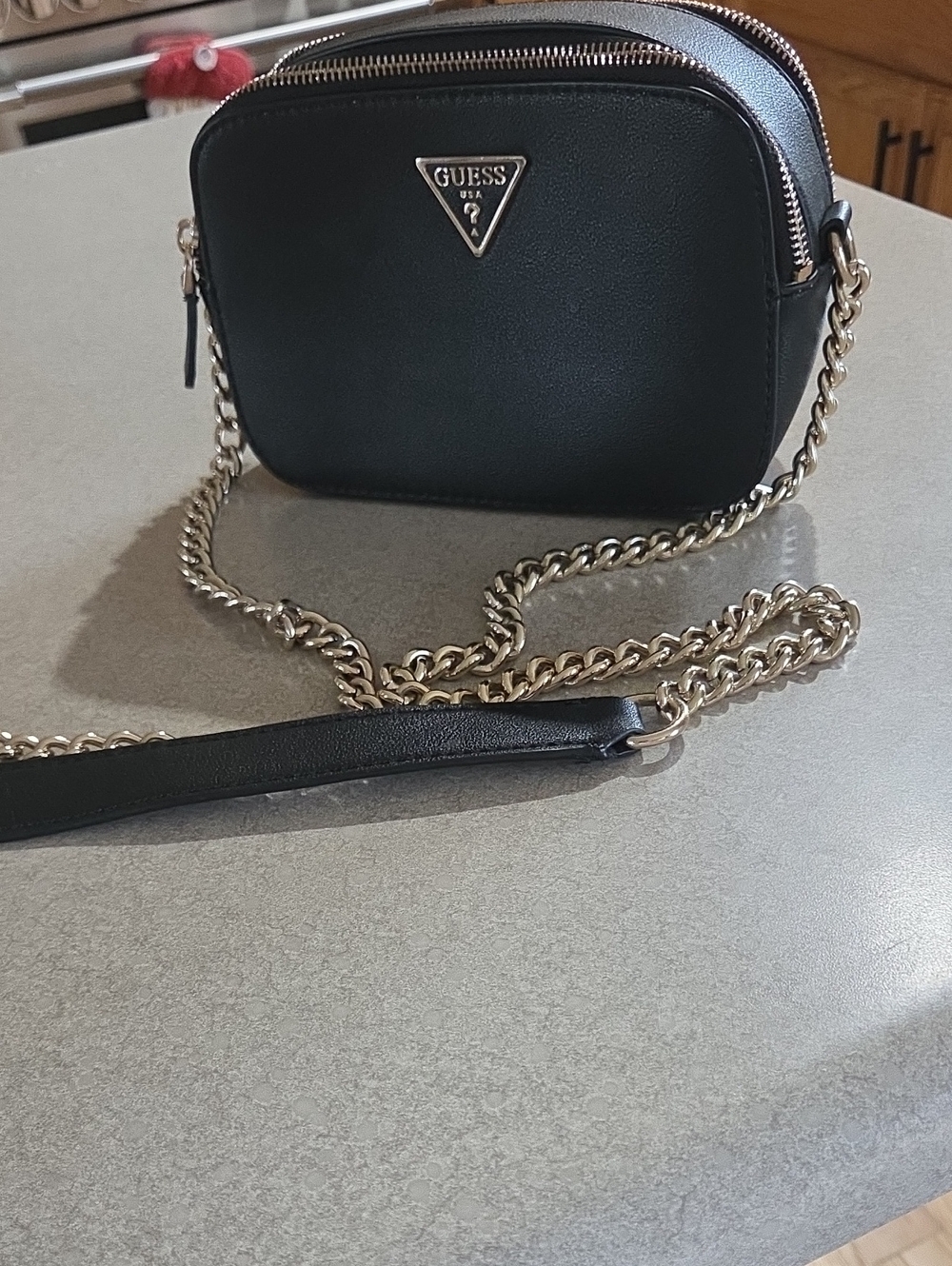 GUESS Black Crossbody Bag with Gold Chain Strap